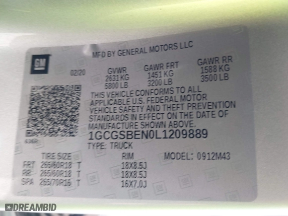 2020 Chevrolet Colorado 2WD Work Truck with VIN 1GCGSBEN0L1209889, listed as a IAAI auction lot 40390370 with 67,417 mi miles. Bid and sale history available at carsss.com. Image 9.