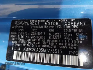 2022 Hyundai Kona SE with VIN KM8K2CAB5NU773515, listed as a IAAI auction lot 41360362 with 14,709 mi miles. Bid and sale history available at carsss.com. Image 9.