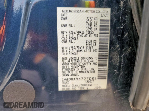 2020 Nissan Frontier S z VIN 1N6ED0EA7LN727085, wystawiony jako Copart lot #56985355 z przebiegiem 165 589 mil mil oraz Czysty tytuł • Clean title. Historia ofert i sprzedaży dostępna na DreamBid. Obrazek 12.