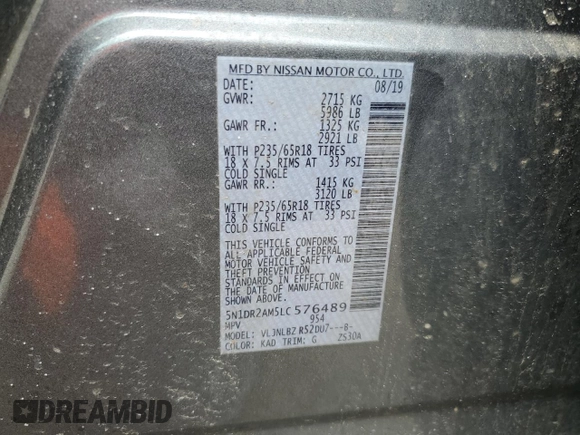 2020 Nissan Pathfinder S with VIN 5N1DR2AM5LC576489, listed as a Copart auction lot 57211435 with 75,641 mi miles and Salvage title. Bid and sale history available at DreamBid. Image 13.