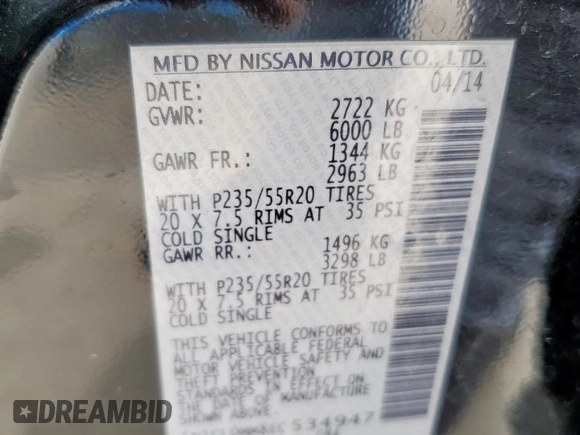 2014 Infiniti QX60 Hybrid with VIN 5N1CL0MM8EC534947, listed as a Copart auction lot 56466485 with 183,993 mi miles and Clean Title. Bid and sale history available at DreamBid. Image 13.