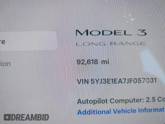 2018 Tesla Model 3 Long Range Battery with VIN 5YJ3E1EA7JF057031, listed as a IAAI auction lot 42139832 with 92,618 mi miles and . Bid and sale history available at DreamBid. Image 14.