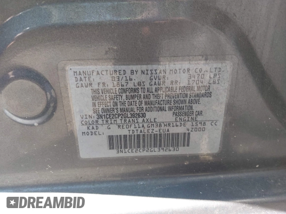 2016 Nissan Note SV with VIN 3N1CE2CP2GL392630, listed as a IAAI auction lot 42262288 with 103,784 mi miles and . Bid and sale history available at DreamBid. Image 9.