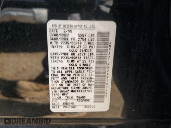2010 Nissan Murano SL with VIN JN8AZ1MW2AW103793, listed as a Copart auction lot 54188244 with 125,518 mi miles and Salvage Title. Bid and sale history available at carsss.com. Image 12.