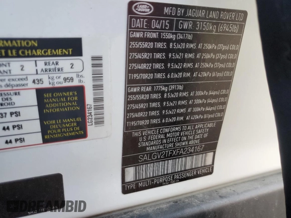 2015 Land Rover Range Rover Autobiography z VIN SALGV2TFXFA234167, wystawiony jako Copart lot #83115734 z przebiegiem 78 052 mil mil oraz Szkoda całkowita • Salvage title. Historia ofert i sprzedaży dostępna na DreamBid. Obrazek 13.