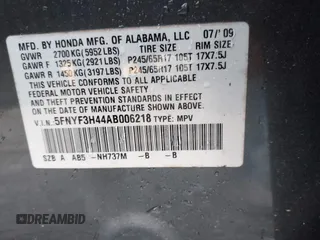2010 Honda Pilot EX with VIN 5FNYF3H44AB006218, listed as a IAAI auction lot 41649588 with 209,830 mi miles and . Bid and sale history available at carsss.com. Image 9.