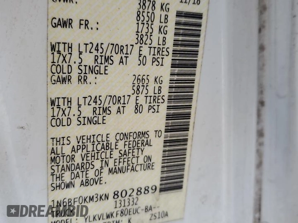 2019 Nissan NV S with VIN 1N6BF0KM3KN802889, listed as a Copart auction lot 79233254 with 62,850 mi miles and Salvage Title. Bid and sale history available at carsss.com. Image 12.