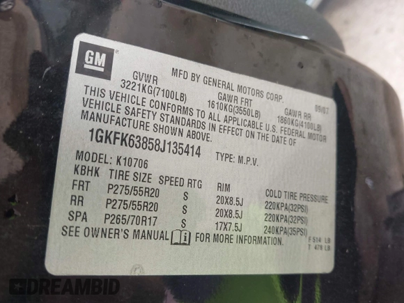 2008 GMC Yukon Denali z VIN 1GKFK63858J135414, wystawiony jako IAAI lot #42065065 z przebiegiem 170 458 mil mil oraz . Historia ofert i sprzedaży dostępna na DreamBid. Obrazek 9.