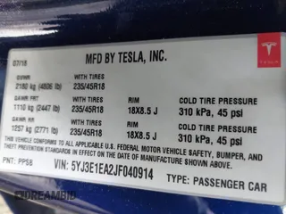 2018 Tesla Model 3 Long Range Battery with VIN 5YJ3E1EA2JF040914, listed as a IAAI auction lot 42120091 with 138,130 mi miles and . Bid and sale history available at DreamBid. Image 9.