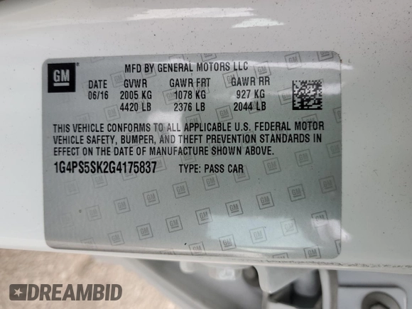 2016 Buick Verano Group с VIN 1G4PS5SK2G4175837, выставлен на аукционе Copart как лот 42748985 с пробегом 8 332 миль миль и Списание • Salvage title. История ставок и продаж доступна на DreamBid. Изображение 12.