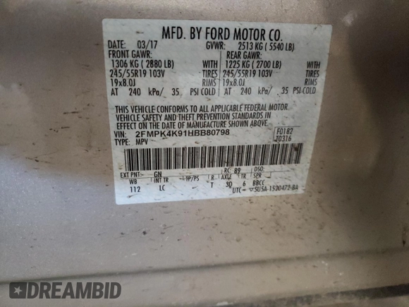 2017 Ford Edge Titanium with VIN 2FMPK4K91HBB80798, listed as a Copart auction lot 54133755 with 92,108 mi miles and Salvage Title. Bid and sale history available at carsss.com. Image 13.