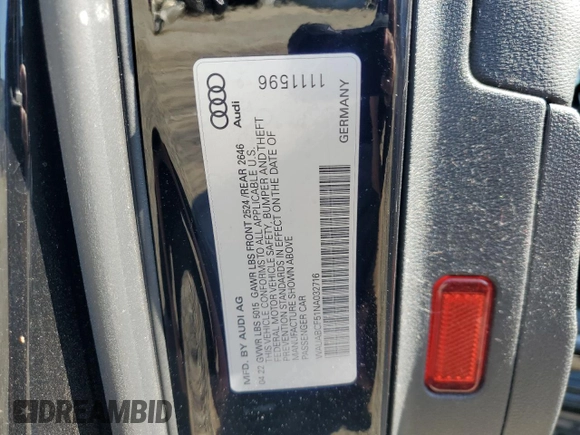 2022 Audi A5 Sportback Premium with VIN WAUABCF51NA032716, listed as a Copart auction lot 52808484 with 55,473 mi miles and Salvage Title. Bid and sale history available at carsss.com. Image 14.