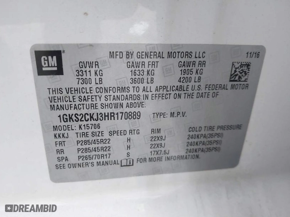 2017 GMC Yukon Denali with VIN 1GKS2CKJ3HR170889, listed as a IAAI auction lot 41384834 with 107,930 mi miles. Bid and sale history available at carsss.com. Image 9.