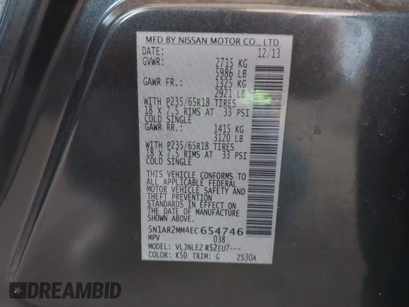 2014 Nissan Pathfinder SV z VIN 5N1AR2MM4EC654746, wystawiony jako IAAI lot #42009849 z przebiegiem 154 827 mil mil oraz . Historia ofert i sprzedaży dostępna na DreamBid. Obrazek 9.