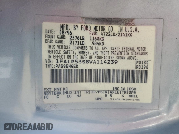 1997 Ford Taurus LX with VIN 1FALP53S8VA114239, listed as a Copart auction lot 56534025 with 110,834 mi miles and Salvage title. Bid and sale history available at DreamBid. Image 12.
