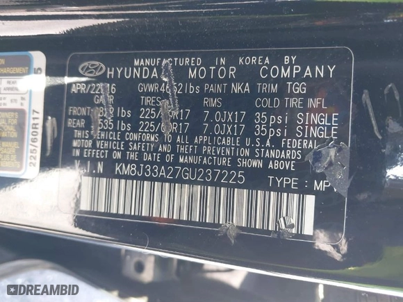2016 Hyundai Tucson Limited with VIN KM8J33A27GU237225, listed as a IAAI auction lot 41223497 with 158,986 mi miles. Bid and sale history available at carsss.com. Image 9.