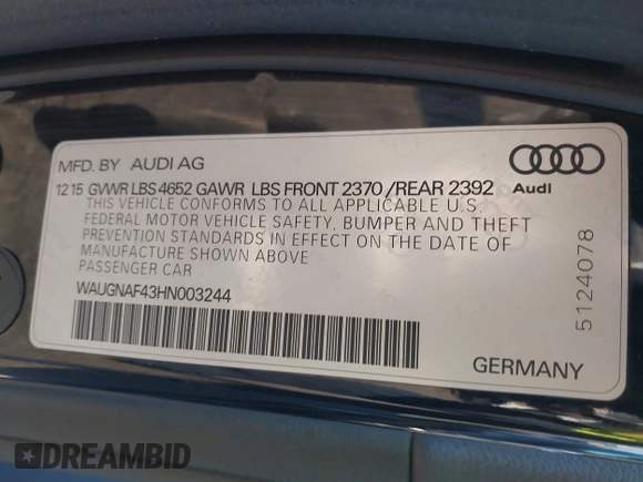2017 Audi A4 Premium with VIN WAUGNAF43HN003244, listed as a IAAI auction lot 41278459 with 47,036 mi miles. Bid and sale history available at carsss.com. Image 9.