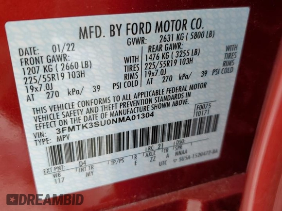 2022 Ford Mustang Mach-E Premium with VIN 3FMTK3SU0NMA01304, listed as a Copart auction lot 63823505 with 35,661 mi miles and Salvage title. Bid and sale history available at DreamBid. Image 14.