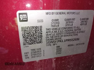 2023 Chevrolet Tahoe Z71 with VIN 1GNSKPKL1PR552686, listed as a IAAI auction lot 42333609 with 4,549 mi miles and . Bid and sale history available at DreamBid. Image 9.
