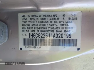 2001 Honda Accord EX с VIN 1HGCG22511A020199, выставлен на аукционе IAAI как лот 42240743 с пробегом 187 821 миль миль и . История ставок и продаж доступна на DreamBid. Изображение 9.