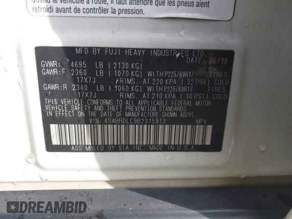 2011 Subaru Outback Limited Power Moon с VIN 4S4BRDLC9B2315913, выставлен на аукционе IAAI как лот 41022395 с пробегом 171 402 миль миль и . История ставок и продаж доступна на DreamBid. Изображение 9.