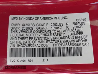 2019 Honda Accord Sport with VIN 1HGCV2F32KA013567, listed as a IAAI auction lot 42493535 with 96,380 mi miles and . Bid and sale history available at DreamBid. Image 9.
