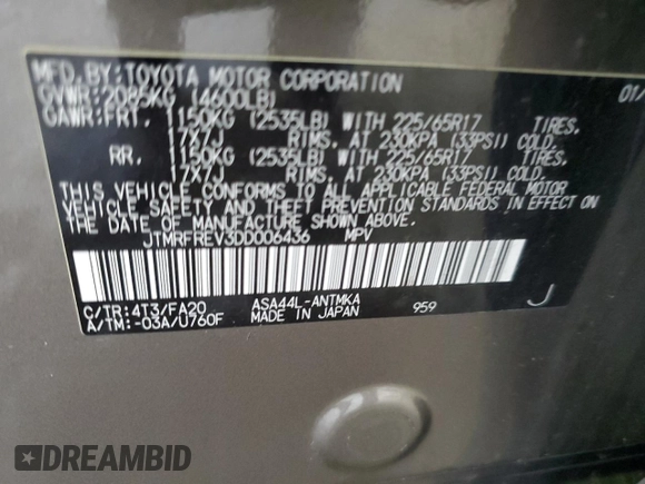 2013 Toyota RAV4 XLE с VIN JTMRFREV3DD006436, выставлен на аукционе Copart как лот 63551775 с пробегом 177 990 миль миль и Списание • Salvage title. История ставок и продаж доступна на DreamBid. Изображение 13.
