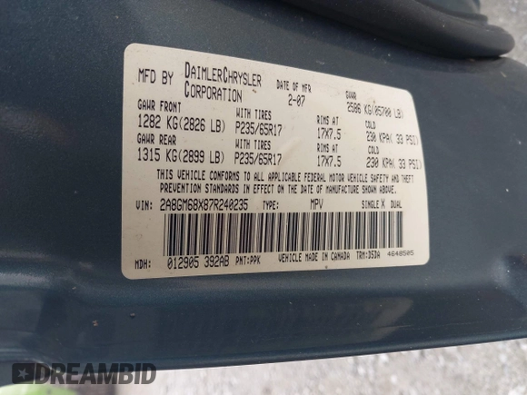 2007 Chrysler Pacifica Touring with VIN 2A8GM68X87R240235, listed as a IAAI auction lot 42477435 with Not provided miles and . Bid and sale history available at DreamBid. Image 9.