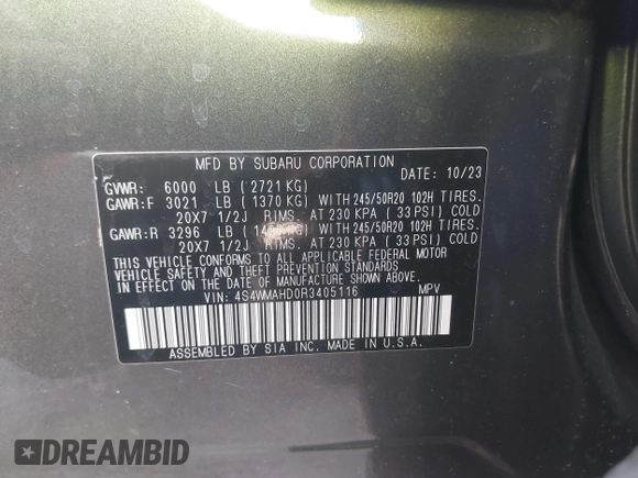 2024 Subaru Ascent Onyx with VIN 4S4WMAHD0R3405116, listed as a IAAI auction lot 42281771 with 21,405 mi miles and . Bid and sale history available at DreamBid. Image 9.