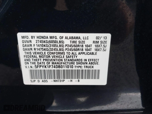 2013 Honda Ridgeline Sport z VIN 5FPYK1F74DB011010, wystawiony jako IAAI lot #42185036 z przebiegiem 80 438 mil mil oraz . Historia ofert i sprzedaży dostępna na DreamBid. Obrazek 9.