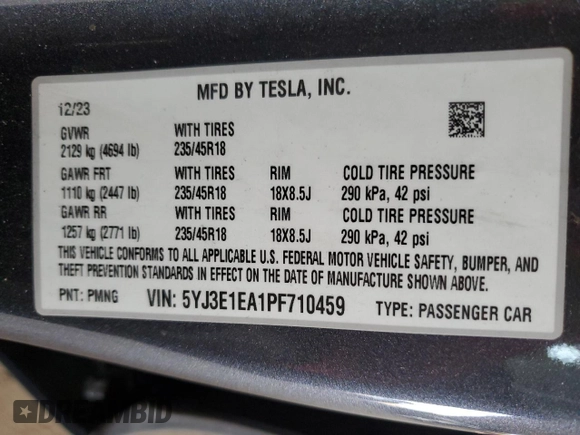 2023 Tesla Model 3 с VIN 5YJ3E1EA1PF710459, выставлен на аукционе Copart как лот 48255545 с пробегом 64 228 миль миль и Списание • Salvage title. История ставок и продаж доступна на DreamBid. Изображение 12.