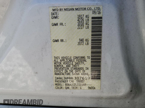 2017 Nissan Altima S with VIN 1N4AL3AP4HN307619, listed as a Copart auction lot 49355165 with 76,805 mi miles and Salvage Title. Bid and sale history available at DreamBid. Image 14.