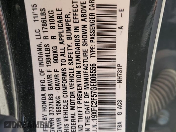 2016 Honda Civic Sedan LX with VIN 19XFC2F57GE006556, listed as a Copart auction lot 53520305 with 99,448 mi miles and Salvage Title. Bid and sale history available at carsss.com. Image 12.