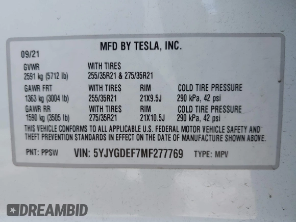 2021 Tesla Model Y Performance z VIN 5YJYGDEF7MF277769, wystawiony jako IAAI lot #42025157 z przebiegiem 28 522 mil mil oraz . Historia ofert i sprzedaży dostępna na DreamBid. Obrazek 9.