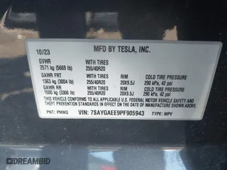 2023 Tesla Model Y Long Range with VIN 7SAYGAEE9PF905943, listed as a IAAI auction lot 41444255 with 11,179 mi miles. Bid and sale history available at carsss.com. Image 9.