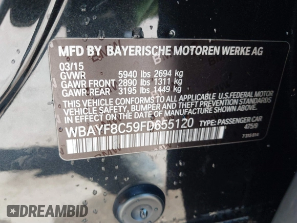 2015 BMW 7 Series 750Li xDrive with VIN WBAYF8C59FD655120, listed as a IAAI auction lot 41315152 with 82,244 mi miles and . Bid and sale history available at carsss.com. Image 9.