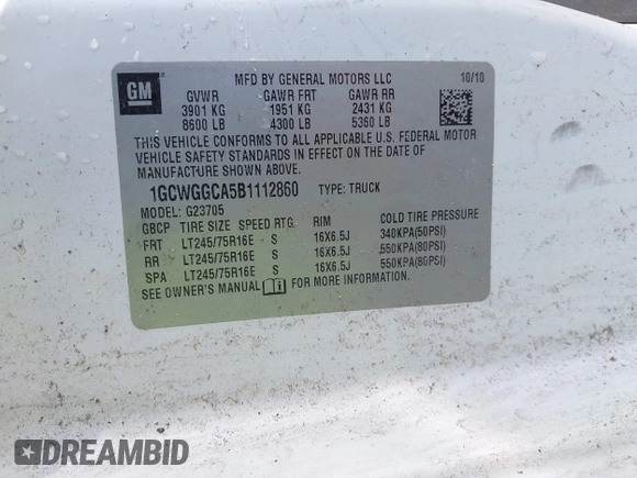 2011 Chevrolet Express Cargo Van with VIN 1GCWGGCA5B1112860, listed as a IAAI auction lot 41861159 with 533,977 mi miles. Bid and sale history available at carsss.com. Image 9.