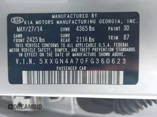 2015 Kia Optima EX with VIN 5XXGN4A70FG360623, listed as a IAAI auction lot 42112315 with 262,058 mi miles and . Bid and sale history available at carsss.com. Image 9.