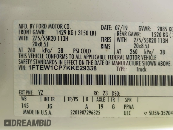 2019 Ford F-150 XL with VIN 1FTEW1CP7KKE29338, listed as a IAAI auction lot 42256391 with Not provided miles and . Bid and sale history available at DreamBid. Image 9.