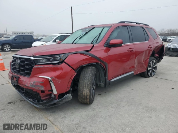 2023 Honda Pilot Elite with VIN 5FNYG1H87PB016383, listed as a Copart auction lot 43876635 with 0 mi miles and Salvage Title. Bid and sale history available at carsss.com. Image 1.