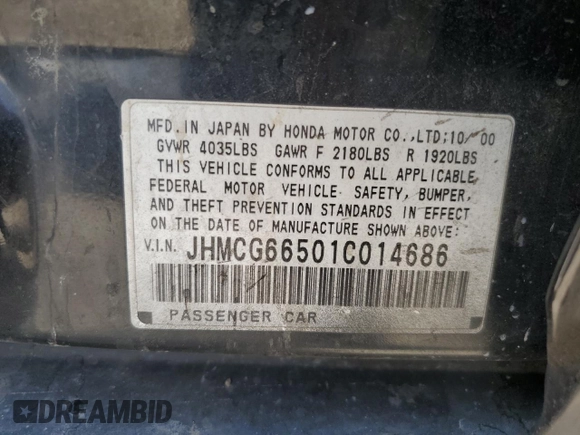 2001 Honda Accord LX z VIN JHMCG66501C014686, wystawiony jako Copart lot #55479965 z przebiegiem 316 271 mil mil oraz Szkoda całkowita • Salvage title. Historia ofert i sprzedaży dostępna na DreamBid. Obrazek 13.