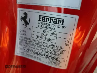 2019 Ferrari 488 z VIN ZFF80AMA4K0238692, wystawiony jako Copart lot #72172804 z przebiegiem Nie podano mil oraz Szkody całkowita. Historia ofert i sprzedaży dostępna na DreamBid. Obrazek 12.
