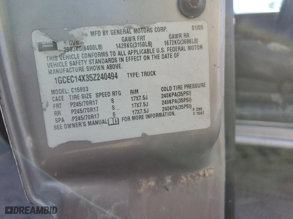 2005 Chevrolet Silverado 1500 Work Truck with VIN 1GCEC14X35Z240494, listed as a Copart auction lot 81570124 with 146,493 mi miles and Salvage Title. Bid and sale history available at carsss.com. Image 12.