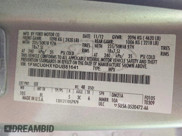 2013 Ford Escape SEL with VIN 1FMCU0HX1DUB81641, listed as a IAAI auction lot 42090788 with 111,496 mi miles and . Bid and sale history available at DreamBid. Image 9.