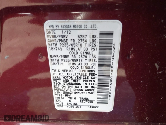 2012 Nissan Murano SV with VIN JN8AZ1MWXCW217561, listed as a IAAI auction lot 42051048 with 107,846 mi miles and . Bid and sale history available at carsss.com. Image 9.