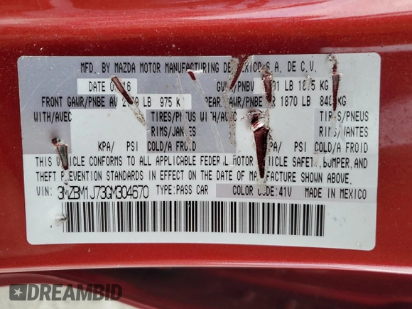 2016 Mazda 3 i Sport with VIN 3MZBM1J73GM304670, listed as a Copart auction lot 47092495 with 113,251 mi miles and Salvage Title. Bid and sale history available at DreamBid. Image 15.