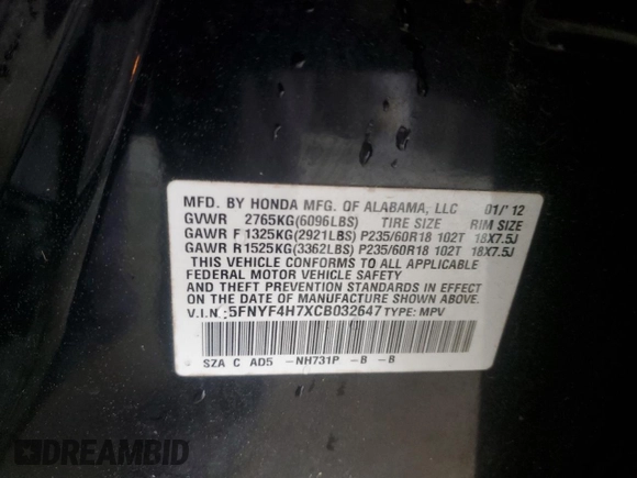 2012 Honda Pilot EX-L with VIN 5FNYF4H7XCB032647, listed as a Copart auction lot 52236105 with 136,733 mi miles and Salvage Title. Bid and sale history available at DreamBid. Image 15.