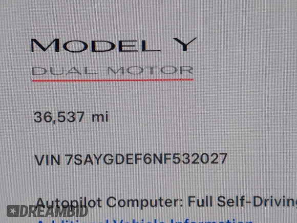 2022 Tesla Model Y Performance with VIN 7SAYGDEF6NF532027, listed as a IAAI auction lot 41717662 with 36,537 mi miles and . Bid and sale history available at DreamBid. Image 16.