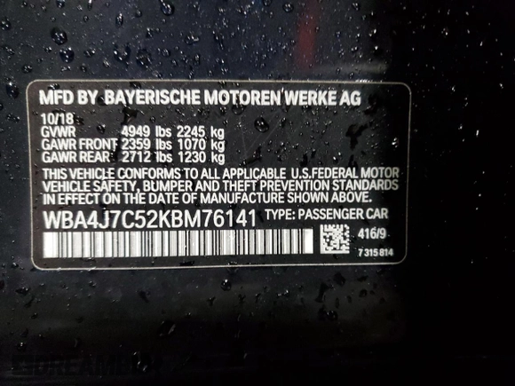 2019 BMW 4 Series 440i xDrive with VIN WBA4J7C52KBM76141, listed as a Copart auction lot 44150965 with 76,061 mi miles and Salvage Title. Bid and sale history available at carsss.com. Image 13.