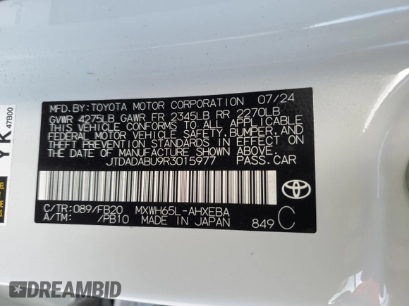 2024 Toyota Prius LE with VIN JTDADABU9R3015977, listed as a Copart auction lot 49179915 with 7,917 mi miles and Salvage Title. Bid and sale history available at carsss.com. Image 12.